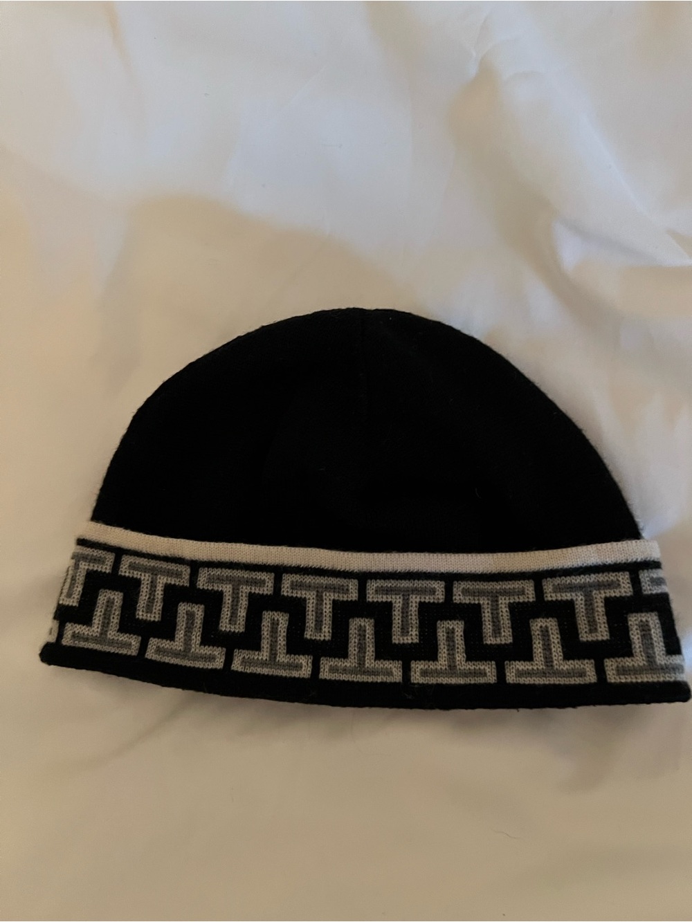 Tory Burch Black Merino Wool Beanie with Contrast Cream Logo Band